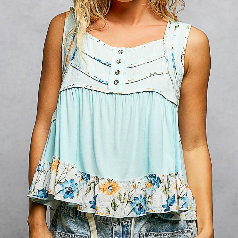 POL Floral Ruffle Light Blue Tank Top